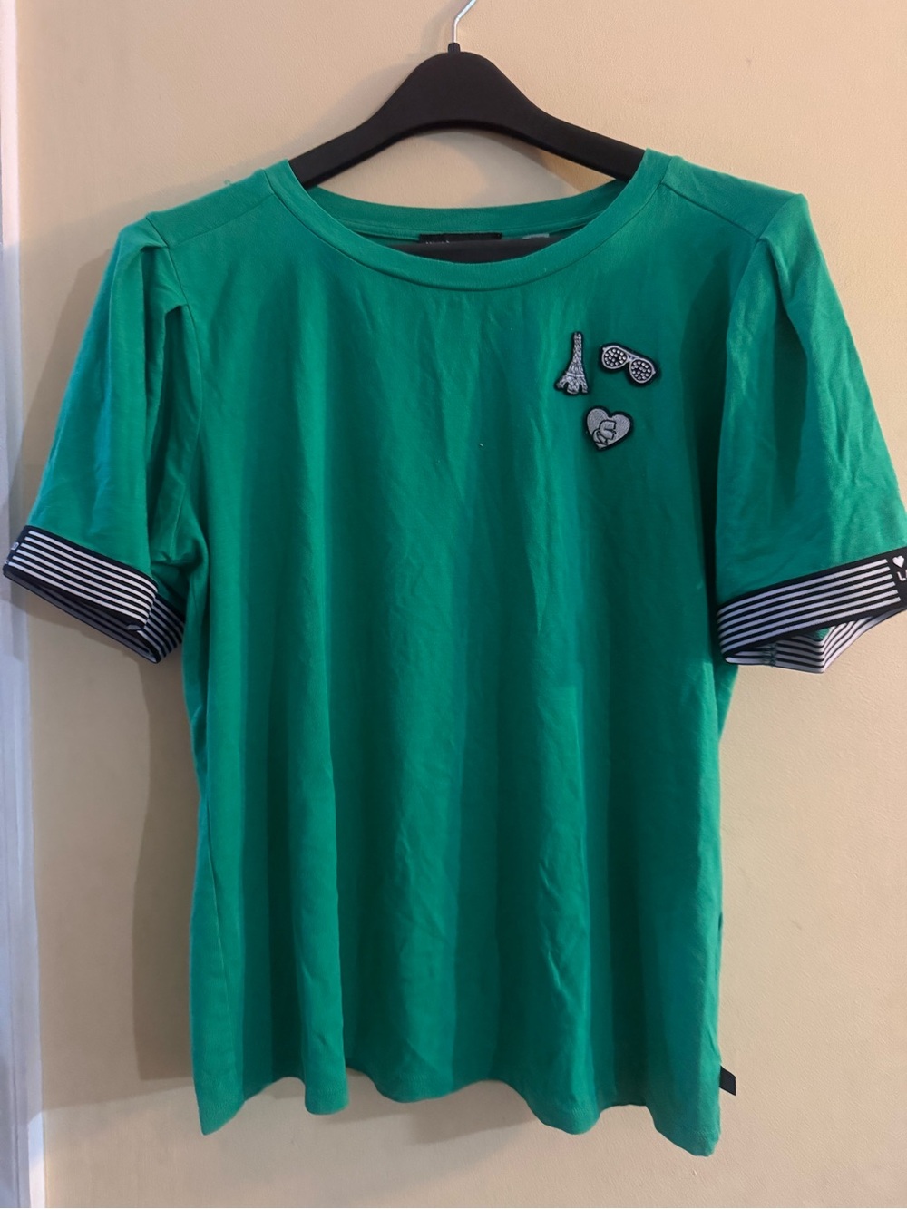 Karl Lagerfeld Paris Vivid Green Short Sleeve Tee with patches, medium